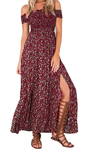 hikong Femme Sexy Bustier Mousseline de Soie Floral Soirée Party Dress Plage Maxi Robe Longue Maxi Bohême Casual Robe de Plage