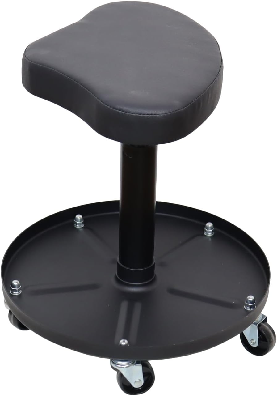 Pneumatic Rolling Mechanic Stool with Tool Tray, Black Vinyl Padded Seat, Height Adjustment, Swivel Casters