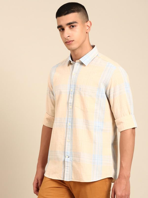 Image of Cavallo by Linen Club Men's Blended Linen Checked Contemporary Fit Full Sleeve Casual Shirt