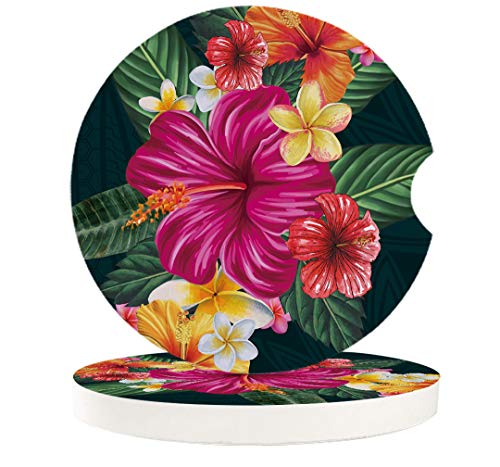 Absorbent Car Coasters for Cup Holders Hibiscus Frangipani Flower and Green Leaves, Small 2.56inch Ceramic Stone Drink Coaster for Women Men, Summer Tropical Plant Set of 2 Pack