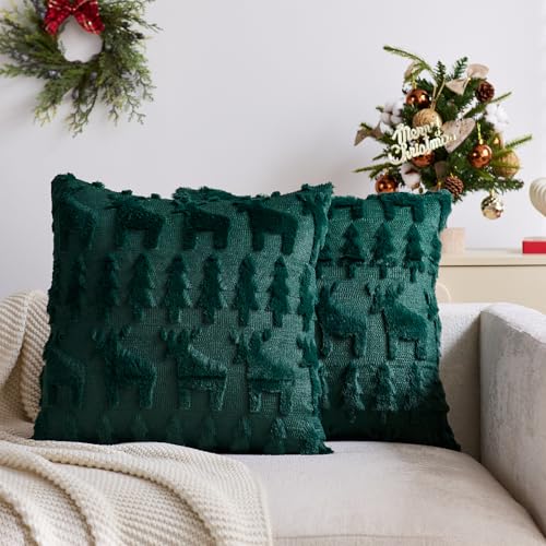 Christmas Pillow Covers 18 x 18 Inch Set of 2 Green Christmas Trees Reindeer Shaped Soft Faux Fur Throw Pillow Covers Xmas Winter Holiday Pillows Decorative Pillow Covers Cushion Cases for Sofa Couch