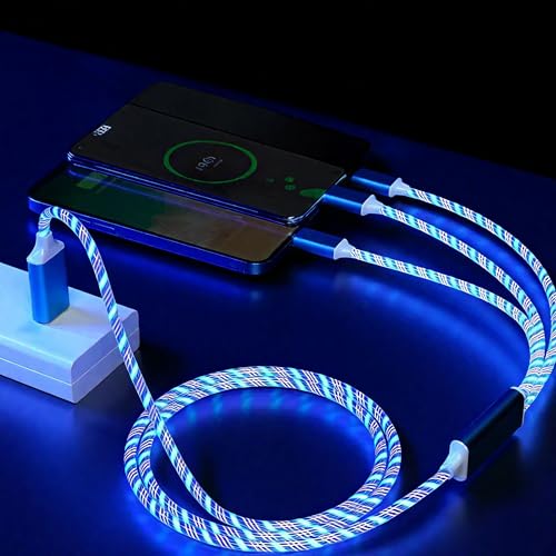 Image of IHAO Multi Ports Light-Up USB Cable USBA /USB C to USBC /MicroUSB Cable Durable Fast Charging Cable with Visible Current Flow As Night Light Use 39 inches-6in1 Blue