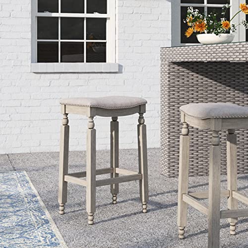 Barton Set of 2 Bar Stools Beige 28.5" Saddle Backless Premium Padded Indoor/Outdoor Nailhead Cushion Kitchen Counter Chairs Pub Seat Foot Rest - Image 2