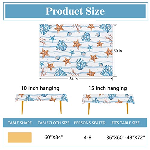 Tailus Summer Sea Starfish Conch Coral Rectangle Tablecloth 60 X 84 Inch, Coastal Ocean Wave Stripes Decorative Table Cloth Nautical Dining Table Cover, Seasonal Beach Dinner Party Picnic Decoration #TOP1