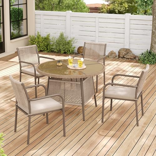 luckdect Salon de Jardin Extérieur en Résine Tressée 4 Places,4 Chaises et 1 Table Ronde,Coussin,Ensemble de Bistrot pour Jardin en Fonte Aluminium,Rotin...