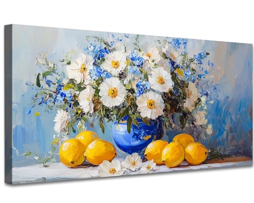 GUTTATY Lemon Kitchen Large Canvas Wall Art, Blue Vase Flower
