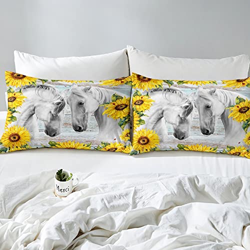 White Horse Bedding Set,Sunflower Pattern Duvet Cover For Kids Teen Boys Girls,Wood Pattern Comforter Cover Decorative Room,Farmhouse Quilt Cover With 2 Pillowcases,King Size #TOP4