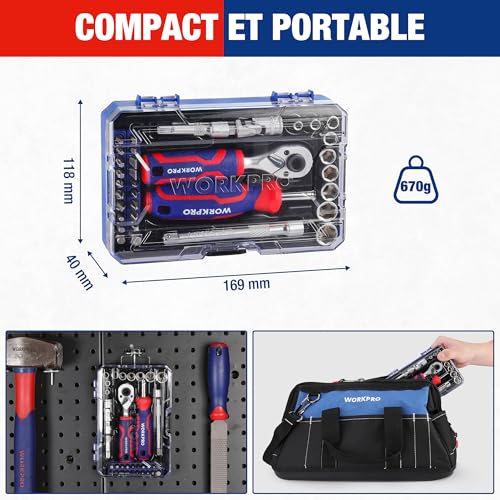 WORKPRO Coffret de Douilles et Embouts 34 Pièces, Mini Clés à Cliquet 1/4" Double Tête 2-en-1, Tournevis à Embouts Magnétique, 2 Rallonges et Joint Universel, Outils de Réparation pour Vélos Voitures – vue 8