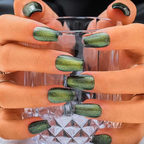 Sethexy Vert Oeil de chat Ongles pressés Acrylique Cercueil court Faux ongles Brillant Salon Fait à la main Faux ongles pour femmes et filles 10PCS (11)