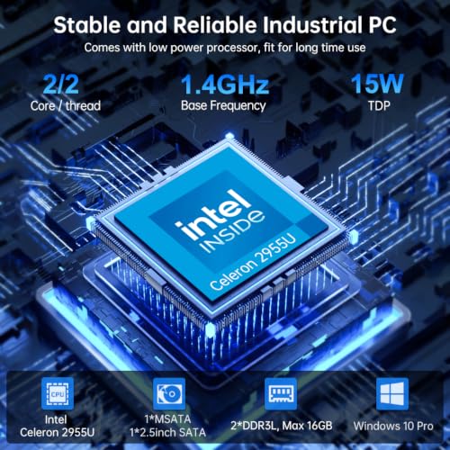 Image of msecore Industrial Mini PC, Fanless Computer with Celeron 2955U 16G RAM 256G SSD, 1*HDMI 1*VGA, 2*COM RS232, WiFi, Dual Ethernet, Auto Power on, WOL, Metal Case, Windows 10 Pro