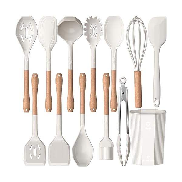 Kitchen Utensils Set- 13 Pcs Cooking Utensils with Tongs, Spoon Spatula &Turner Made of Heat Resistant Food Grade Silicone and Wooden Handles Kitchen Gadgets Tools Set for Nonstick Cookware (White)