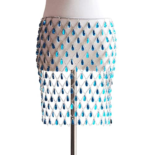 Faldas de fiesta de cristal de reina de gemas coloridas huecas de playa de verano para mujer con joyas de cuerpo de metal y diamantes de imitación (azul)
