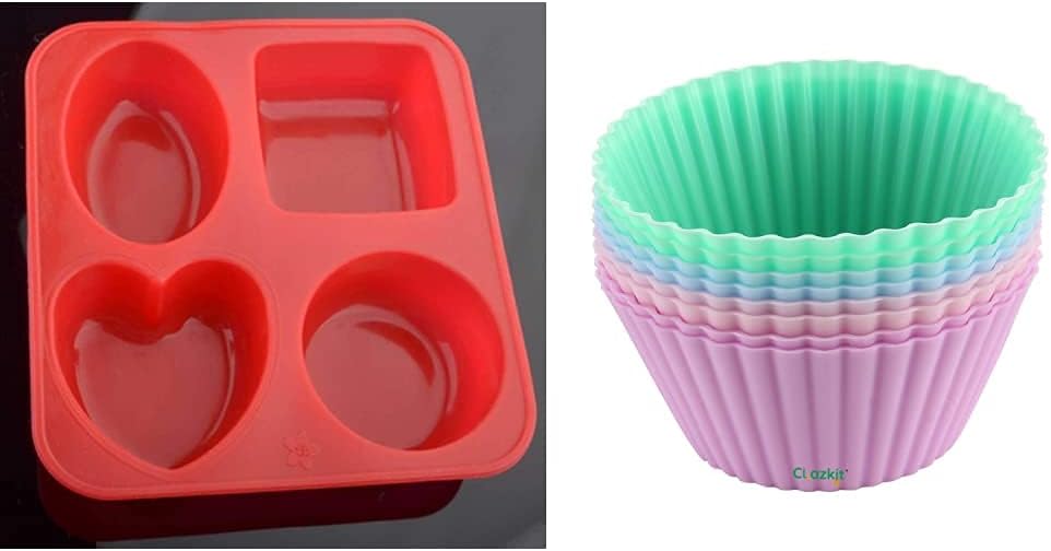 Clazkit Silicone Circle, Square, Oval and Heart Shape Soap Cake Making Mould, Multicolor + Clazkit Silicone Muffin Moulds - 8-Pieces