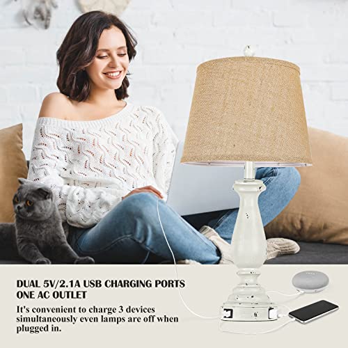 3-Color Temperature Table Lamps With Usb And Outlet, Bedside Lamp For Bedroom Set Of 2, White Resin Farmhouse Lamp With Burlap Shade, Nightstand Lamp With Rotary Switch For Living Room(Bulbs Included) #TOP2