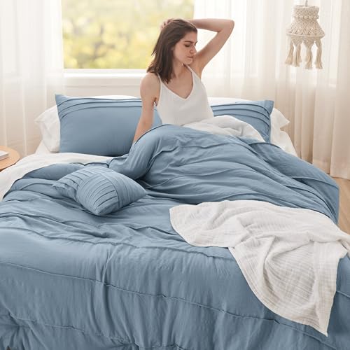 Image of Bedsure King Comforter Set - 4 Pieces Pinch Pleat Bed Set, Light Blue Boho Bedding for All Season, 1 Soft Comforter, 2 Pillowcases, 1 Decorative Pillow