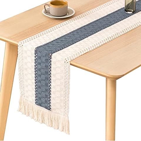 Table Runners 72 inch Long,Burlap Table Runners and White Cotton Lace with Tassels,Boho Table Runner for Wedding Decor and Home Dining Table Decor ( Blue ) Cover
