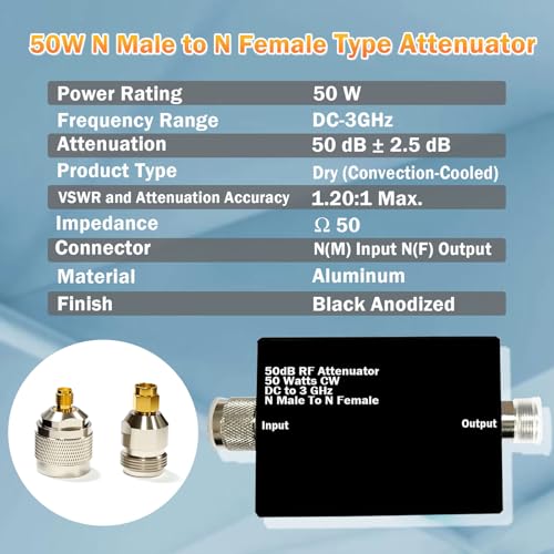 aursinc 50w rf attenuator 50 db fixed 50 watt 50 ohm attenuator dc to 3ghz n male to female fixed attenuator kit for tinysa ultra spectrum analyzer antennas amp test equipment