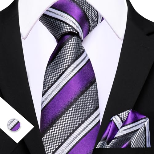 Image of Barry.Wang Mens Tie Set Plaid Check Neckties Formal Business Wedding Luxury Pocket Square Cufflinks