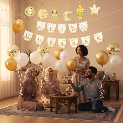 Eid Mubarak Ramadan Decorations For Home, Ramadan Eid Mubarak Banner, 14 Pcs Balloons With 6 Foil Hanging Swirl Decorations, Gold Star Moon Decor For Islamic Muslim Al-Fitr Party Supplies - 7