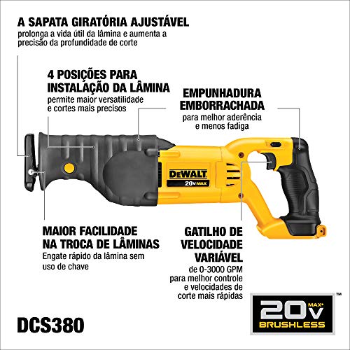 DEWALT Serra Sabre 20V MAX* Litio-Ion sem Fio com Motor sem Escovas Apenas Ferramenta DCS380B
