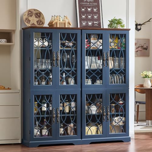 Image of Joaxswe 67 inch Tall Pantry Cabinet, Wood Kitchen Pantries Cabinets with Glass Doors & Adjustable Shelves, Freestanding Vintage Cupboard with Large Storage for Dining Room, Bathroom, Navy Blue
