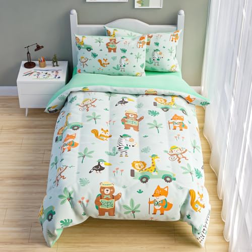 Image of SANDJEST Jungle Animal Comforter Set Full Size 98x86in for Kids Boys, Microfiber 4 Pcs Bedding Set Includes 1 Comforter, 2 Pillowcases, 1 Fitted Sheet, Nursery Room Decor