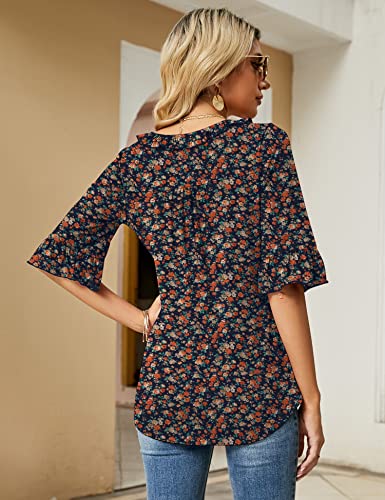 Ivicoer Women's Casual 3/4 Tiered Bell Sleeve V Neck Loose Floral Print Tops Blouses Shirt Navy Xxl #TOP4
