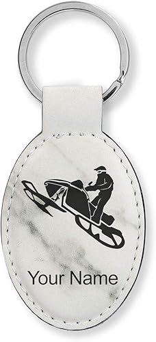 Vista 30 de LaserGram Llavero ovalado, moto de nieve, grabado personalizado incluido (negro con plata)