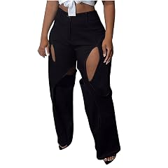 Oplxuo Fashion Pants for Women Cut Out Straight Leg High Waisted Pants Casual Loose Stretch Workout Trousers with