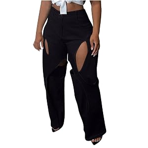 Oplxuo Fashion Pants for Women Cut Out Straight Leg High Waisted Pants Casual Loose Stretch Workout Trousers with