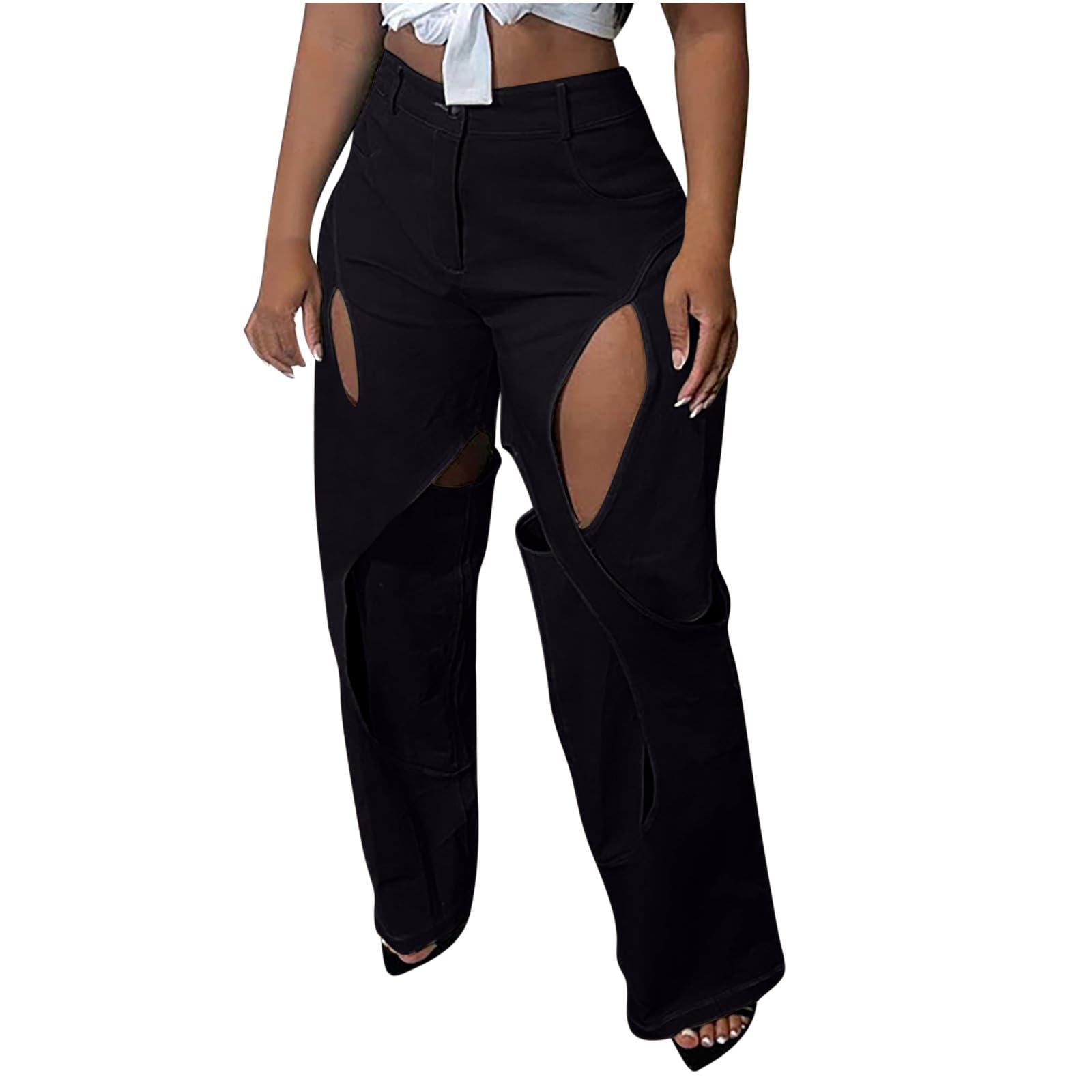 Oplxuo Fashion Pants for Women Cut Out Straight Leg High Waisted Pants Casual Loose Stretch Workout Trousers with