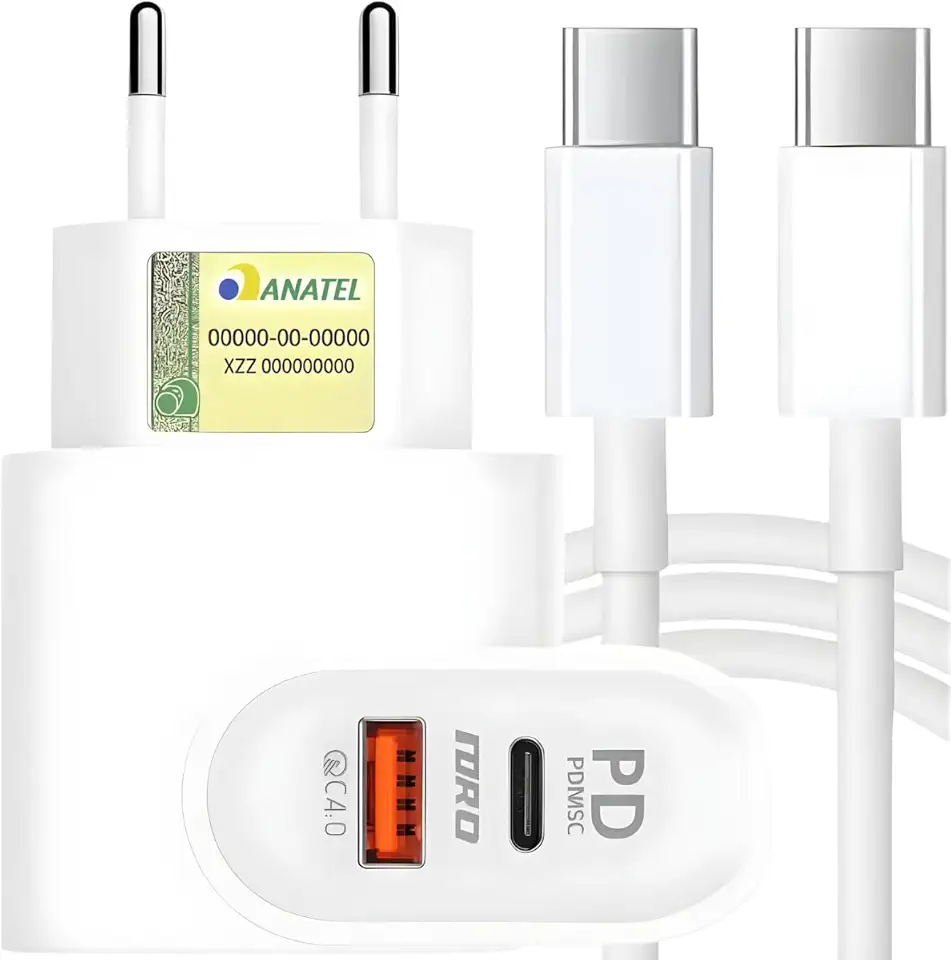 Kit Carregador Super Turbo 40W Porta Dupla (USB-A + USB-C) + Cabo USB e Tipo-C, Compatível com Todos Dispositivos, Iphone 15/16/17 IOS Android Galaxy, Tablets, Notebooks, Linha Premium