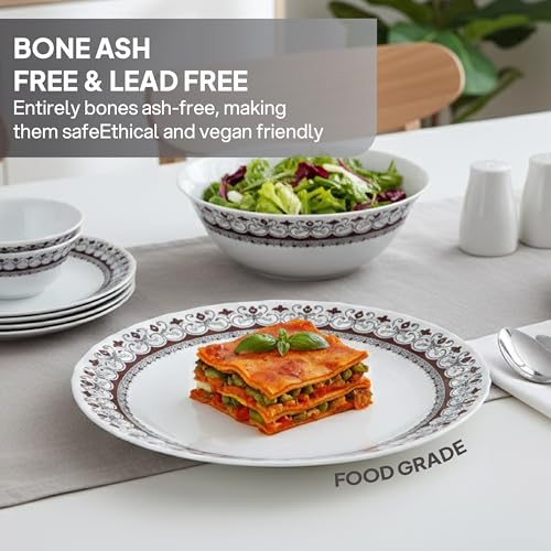 Image of CELLO Lumina Imperial Plus Series Opalware Dinner Set of 19 Pieces For Family of 6 | Bone-Ash Free & Leadfree Opal Glass Microwave & Dishwasher Safe Crockery Plates & Bowls Set For Daily Use & Gifting