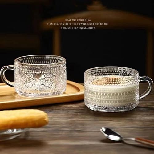 Amzcku Vintage Coffee Tea Cups, Glass Mugs With Spoon And Coasters 14 Oz Set Of 2 Embossed Glassware With Handle, For Cappuccino, Latte, Cereal, Yogurt, Beverage Hot/Cold, Milk #TOP5