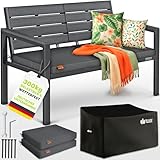 tillvex® Gartenbank Wetterfest 3-4 Sitzer mit Abdeckung & Kissen | Parkbank in Holzoptik bis 300kg belastbar UV-beständig | Sitzbank Garten Terrasse Balkon mit waschbarem Bezug