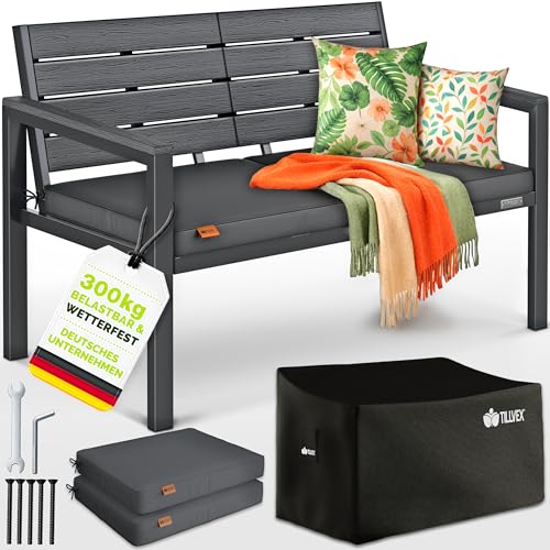 tillvex® Gartenbank Wetterfest 3-4 Sitzer mit Abdeckung & Kissen | Parkbank in Holzoptik bis 300kg...