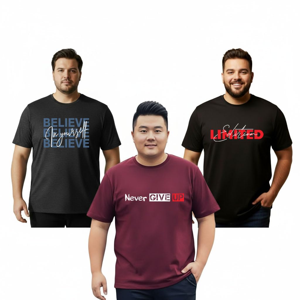 Men's Round Neck Half Sleeve Pure Cotton Plus Size T-Shirt| Men Printed Tshirt Combo | Pack of 3-image-27