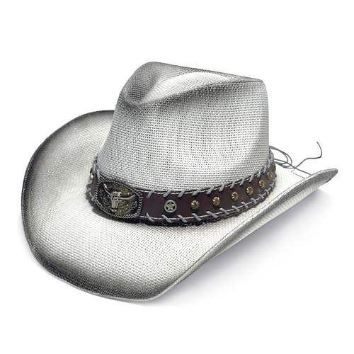 Image of YOUBADU Western Straw Cowboy and Cowgirl Hats with Decorative Bands - Unisex Wide Brim Raffia Style Sun Hat