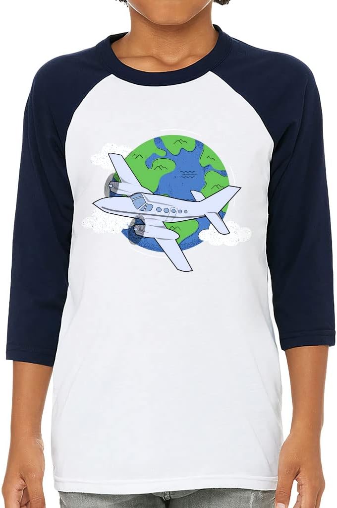 Planet Print Kids' Baseball T-Shirt - Earth 3/4 Sleeve T-Shirt - Airplane Baseball Tee