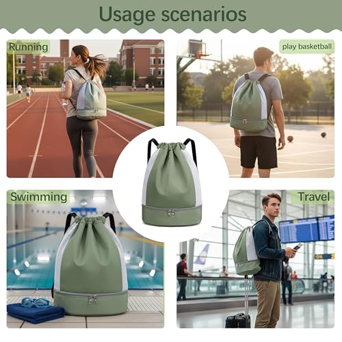 Large Capacity Drawstring Backpack - Waterproof Basketball Sports Bag for Swimming, Yoga, Hiking, Travel and More - Unisex (Green)3