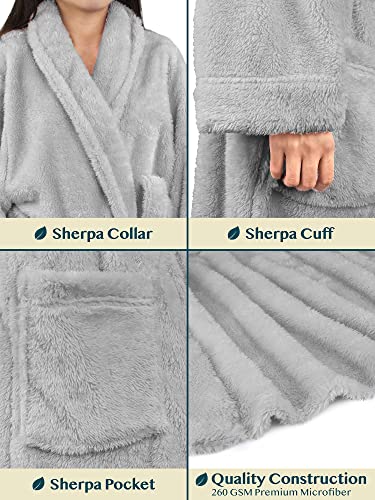 Pavilia Premium Womens Plush Soft Robe Fluffy, Warm, Fleece Sherpa Shaggy Bathrobe (S/M, Light Gray) #TOP3