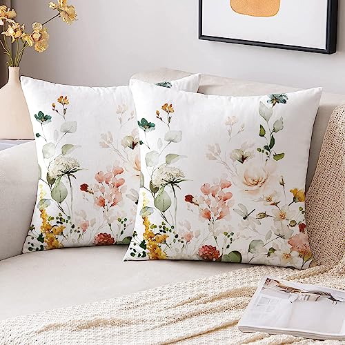 De-Mediocre Floral Spring Velvet Pillow Covers 18 x 18 Inch Set of 2 Vintage Wild Flowers Decor Throw Pillows Outdoor Farmhouse Wildflower Plant Decorative Cushion for Couch Bed Sofa