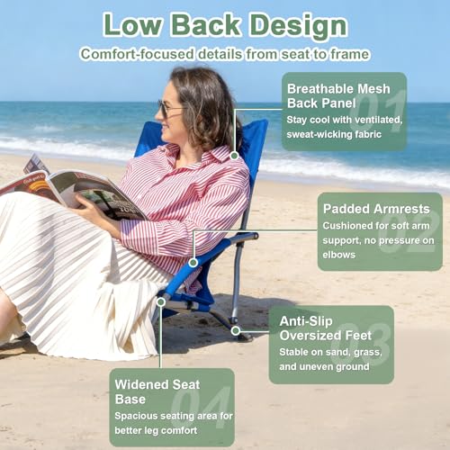Romswi Silla de Playa Baja para Adultos Pack de 2, Silla Plegable Ligera con Respaldo de Malla Transpirable y Porta Vasos, Sillas Portátiles Compactas para Camping, Capacidad 300 lbs, Azul miniatura 6