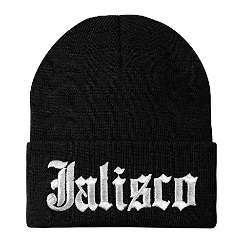 Trendy Apparel Shop Old English Jalisco White Embroidered Acrylic Knit Beanie Cap - Black