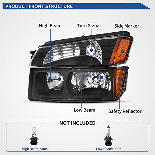 Image of oEdRo Headlight Assembly Compatible with 2002 2003 2004 2005 2006 Chevy Avalanche 1500 /2500 Pickup with Body Cladding, Black Housing Amber Reflectors and Bumper Lights (Driver & Passenger Side)
