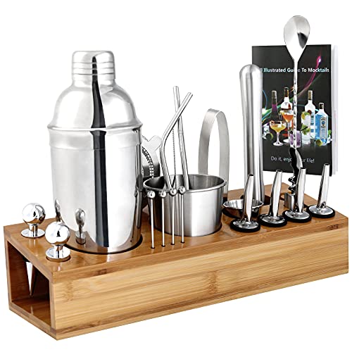 Cocktail Shaker Set, 20 Piece Stainless Steel Bartender Kit 25 Oz Shaker Tins With Bamboo Stand, Recipe Book, For Drink Mixing, Home, Bar, Parties #TOP7