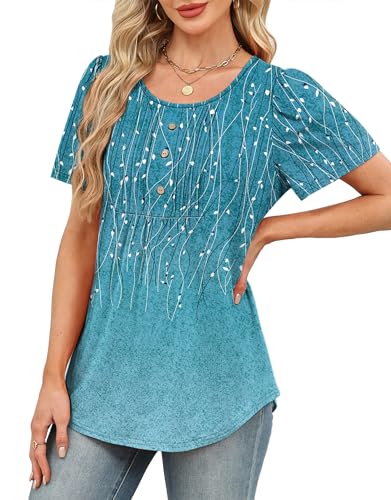 Image of Womens Tops Dressy Casual Blouses Short Sleeve Shirts Plus Size Fashion Clothing Spring Summer Outfits Button Pleated Front