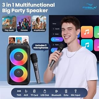 Bluetooth Speaker with 2 Wireless Microphones - Big Party Speaker for Adults Kids Karaoke with Lights - Portable Rechargeable Floorstanding Speakers Support TWS/AUX/USB/TF Card for Home Party Gift