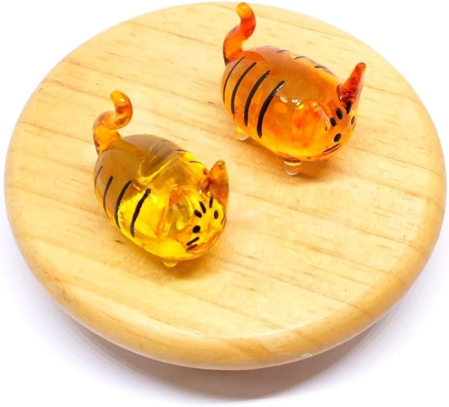 (Bundle of 2) Handmade Mini 2" Cat Figurine Blown Glass Art Chopstick Rest Dinner Decoration, Miniature Pet Animals, Home or Table Decor Gift Ideas (Yellow and Orange No.5)