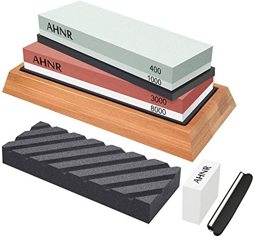 Knife Sharpening Stone Set, AHNR Premium Whetstone Knife Sharpener Kit Includes NonSlip Bamboo Base, Flattening Stone & Angle Guide (Brown)